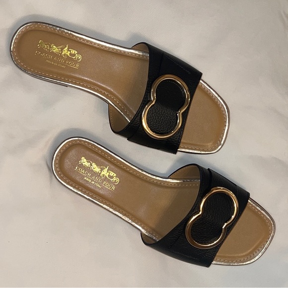 Coach Vince Black Leather Slide Sandals with Gold Accent NWOT - Picture 1 of 5